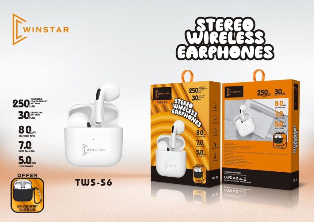 Écouteurs sans fil Winstar TWS-S6 avec boîtier blanc et packaging orange