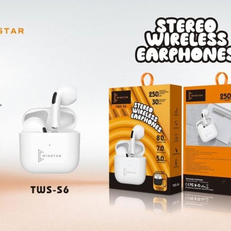 Écouteurs sans fil Winstar TWS-S6 avec boîtier blanc et packaging orange