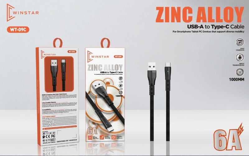 Câble de charge rapide Winstar WT-09C USB-C 6A en alliage de zinc